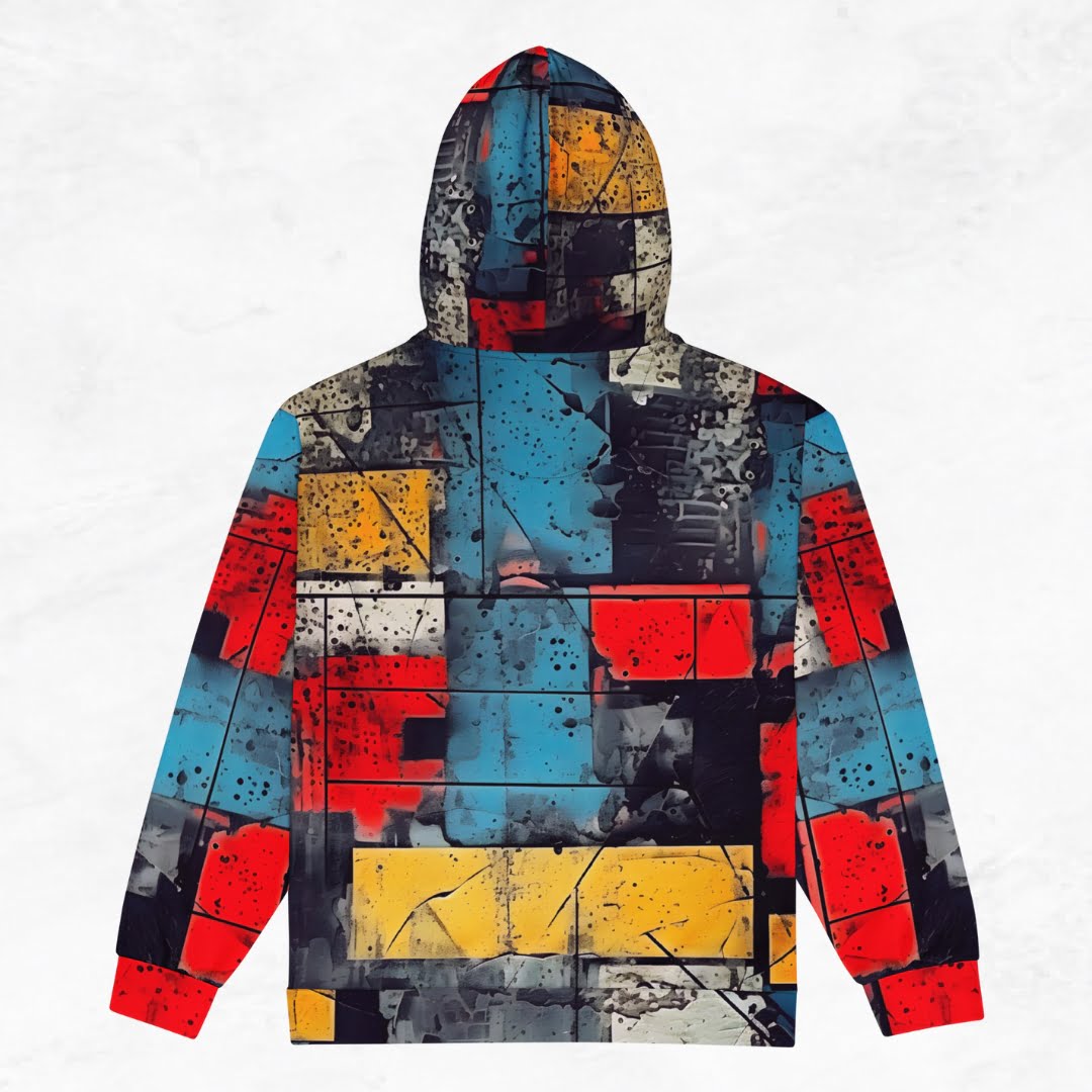 Koša un krāsaina unisex piegriezuma hūdijjaka. Rāvējslēdzējs, kabatas, kapuce. Izmēri no 2xs līdz 6xl. Skats no aizmugures.