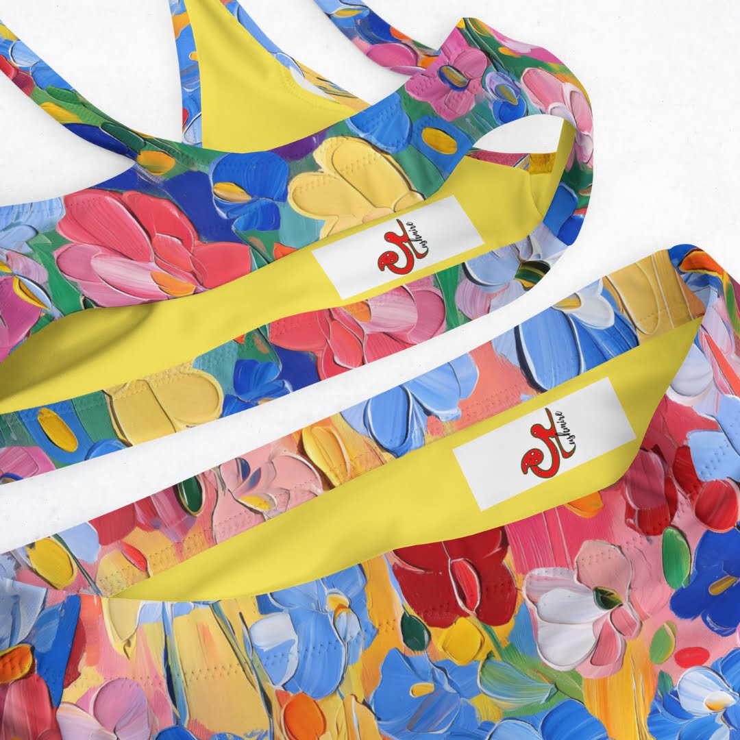 Divdaļīgs bikini peldkostīms “Ulla” ar košu ziedu apdruku, dzeltena odere. Musmire logo