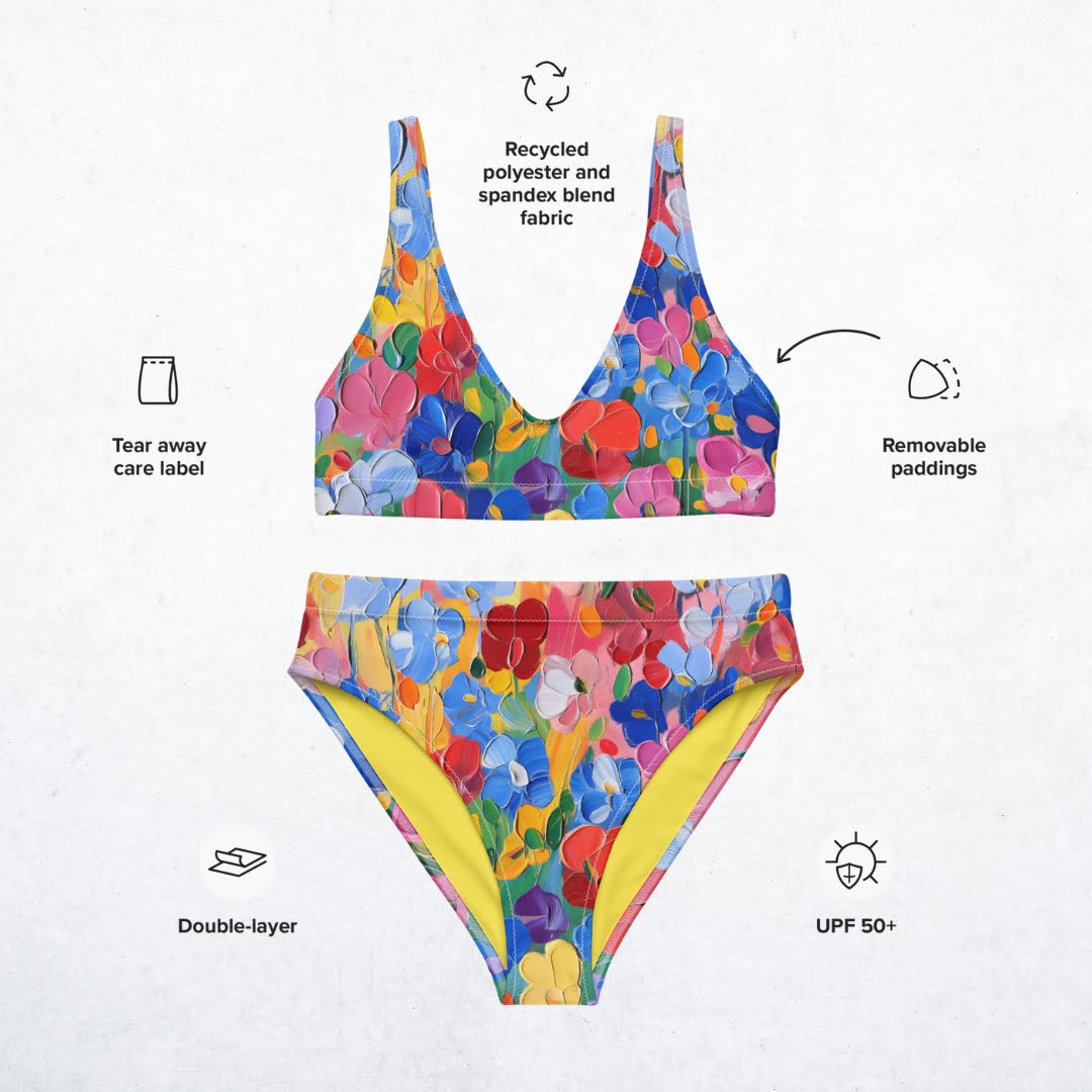 Divdaļīgs bikini peldkostīms “Ulla” ar košu ziedu apdruku. Klasisks piegriezums. Produkta detaļu info.